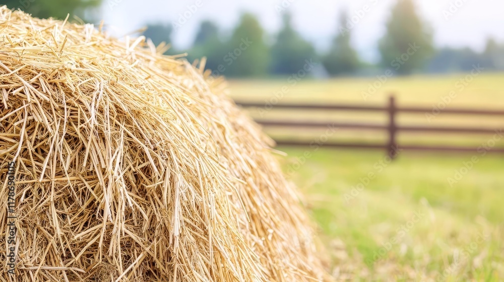 Close-up of a haystack with intricate straw details, rustic farm setting, rich earthy tones, blurred background of rolling fields and wooden fences Close-up of a haystack with intricate straw details, rustic farm setting, rich earthy tones, blurred background of rolling fields and wooden fences