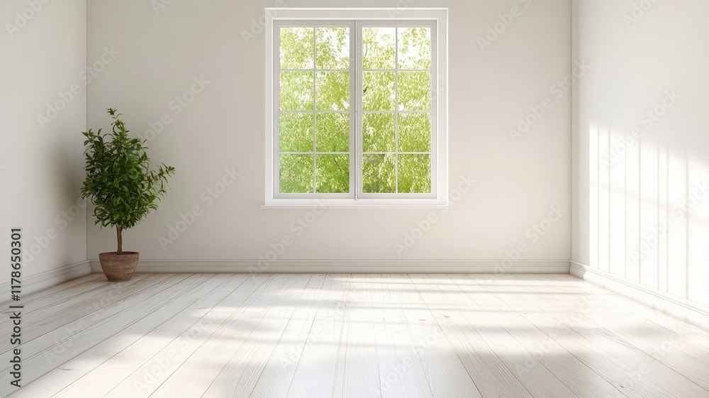 Fototapeta premium A sparsely furnished white room is bathed in soft natural light, creating a serene and tranquil atmosphere.