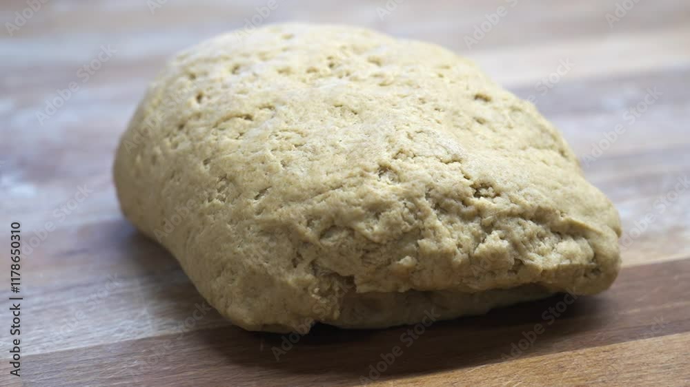 Freshly kneaded bejgli dough resting on a wooden table before rolling Freshly kneaded bejgli dough resting on a wooden table before rolling