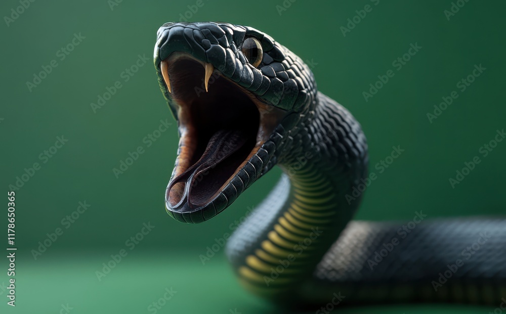 Naklejka premium Realistic Black Snake with Open Mouth and Sharp Fangs on a Green Background, Captivating Close-Up View of a Snake's Head, Perfect for Nature and Wildlife Themes