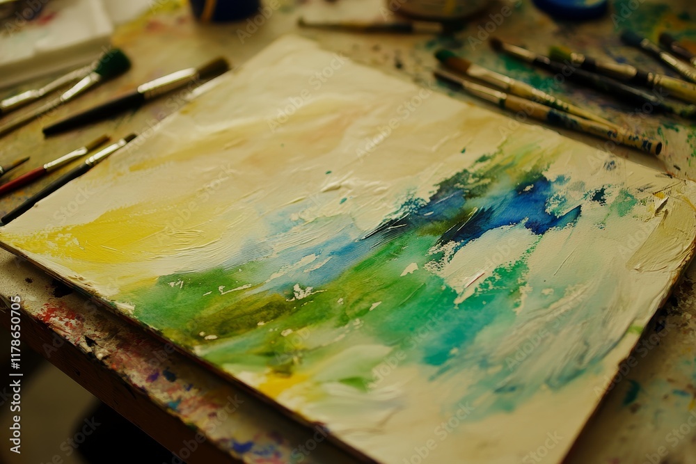 Watercolor Palette and Brush on Creative Artist’s Desk Watercolor Palette and Brush on Creative Artist’s Desk