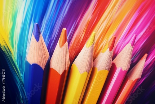 Colorful Pencils with Vibrant Paint Strokes and Abstract Background