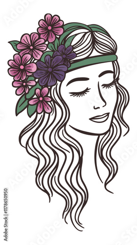 A line art vector design of a woman's head with flower illustration
