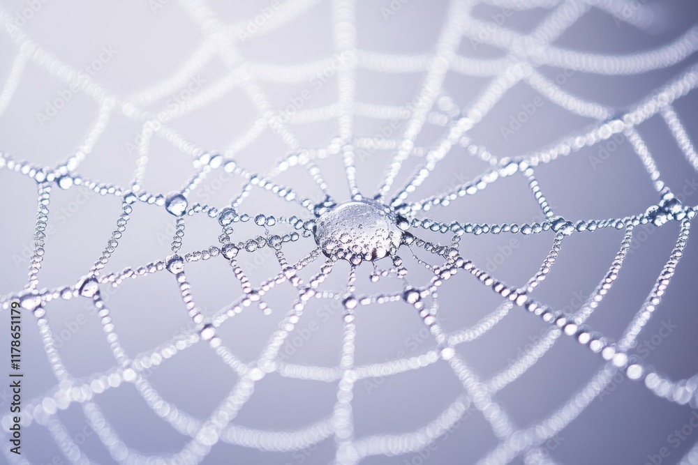 Obraz premium Close-up of dewy spider web glistening in the morning light