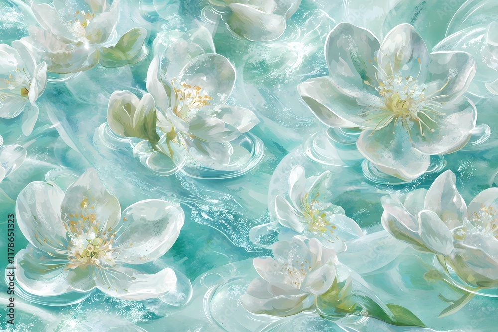 Obraz premium Elegant White Flowers Floating on Turquoise Water Surface