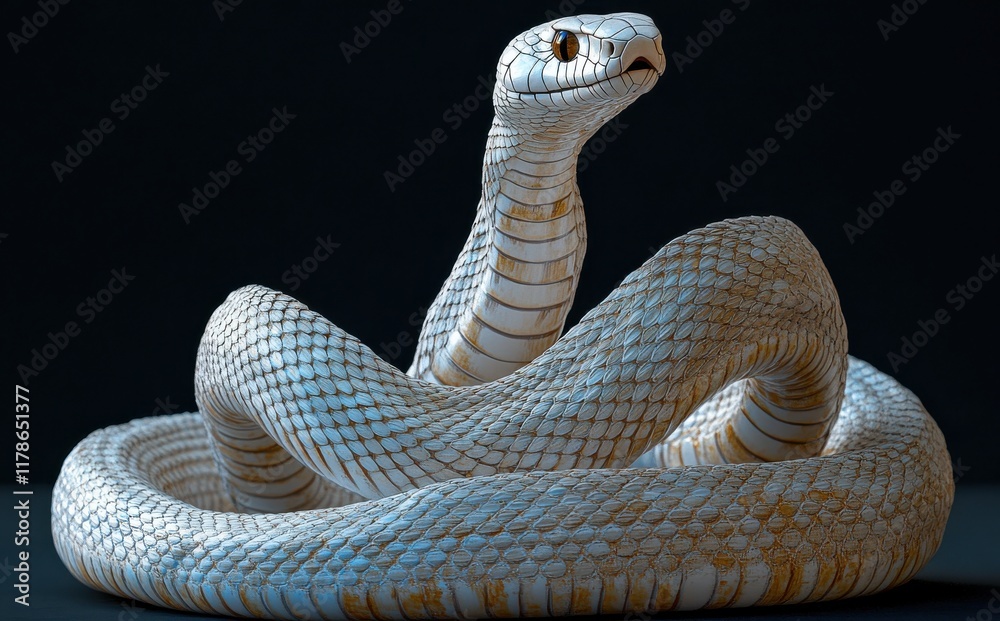 Fototapeta premium Serpentine Majesty: A Close-Up of an Elegant White Snake Curled Gracefully Against a Dark Background, Showcasing Intricate Scales and Fierce Expression