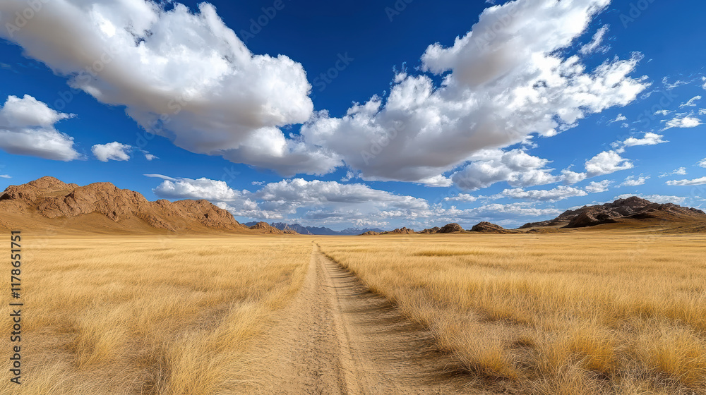 vast golden landscape with dirt path under blue sky filled with clouds vast golden landscape with dirt path under blue sky filled with clouds