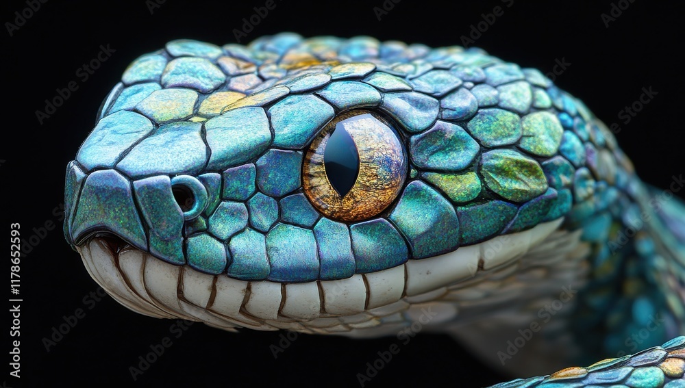 Fototapeta premium Stunning Close-Up of Vibrantly Colored Snake with Unique Scales and Striking Eye Detail on a Dark Background