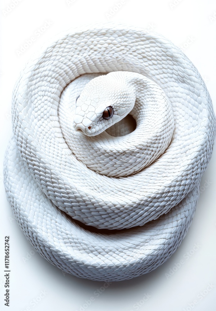 Fototapeta premium Stunning Serpent Display of a Beautiful White Snake Coiled Gracefully Against a Minimalist Background Highlighting Its Smooth Scales and Unique Features