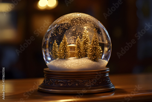 Glowing snow globe showcasing a magical winter setting with softly lit wooden houses photo