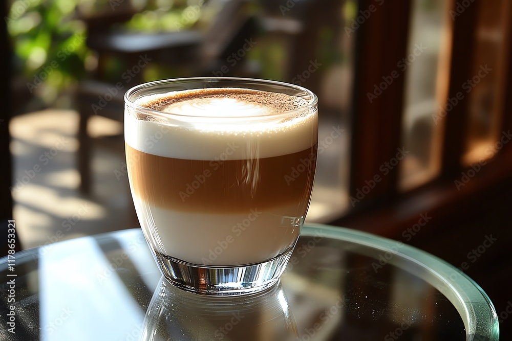 A glass of layered coffee with a heart shaped design in the foam, sitting on a glass table. A glass of layered coffee with a heart shaped design in the foam, sitting on a glass table.