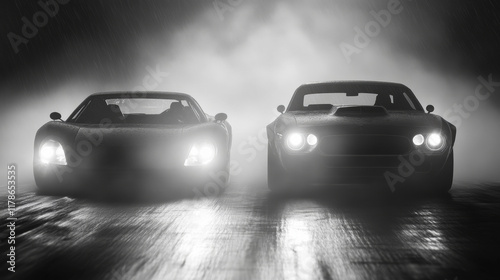 beautiful, Black and white wallpaper, two cars racing in the fog, a sports car on the left side and a muscle car on the right side, headlights shining towards the camera, with a grainy appearance.