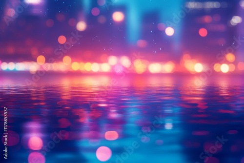 Vibrant cityscape at night with colorful glowing bokeh lights photo