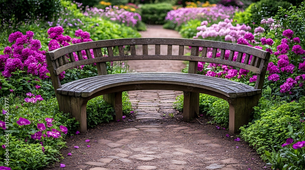 Serene garden bench path flowers relaxation. Serene garden bench path flowers relaxation.