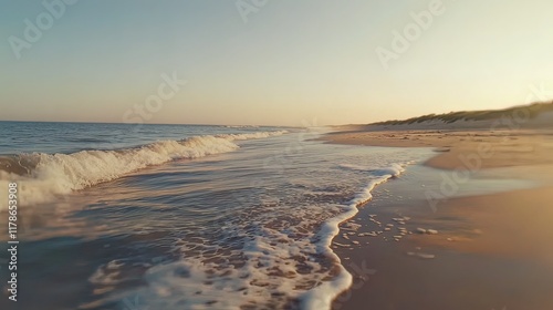 Wallpaper Mural Serene sunset beach scene with gentle waves lapping on the sandy shore. Torontodigital.ca