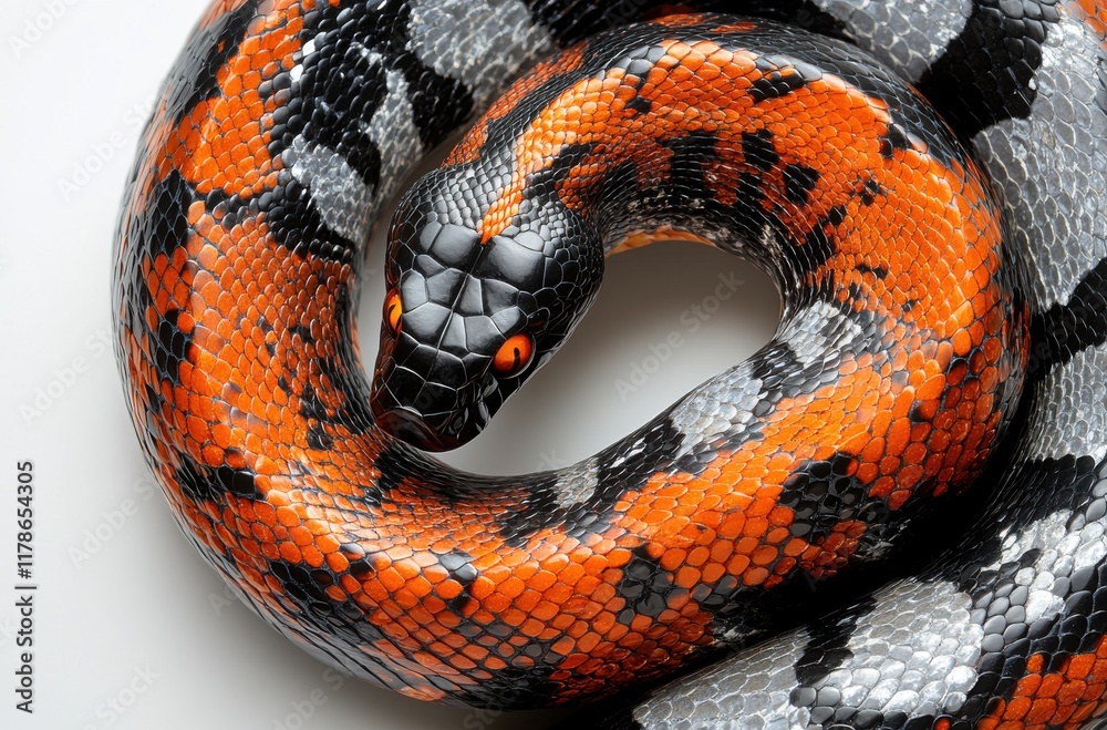 Naklejka premium Vibrant Close-Up of a Colorful Snake Showing Stunning Orange and Black Patterns with Smooth Scales and Piercing Eyes on a Neutral Background