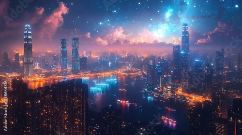 Wallpaper Mural A futuristic alien city with hovering vehicles and glowing spires under a star-filled sky Torontodigital.ca