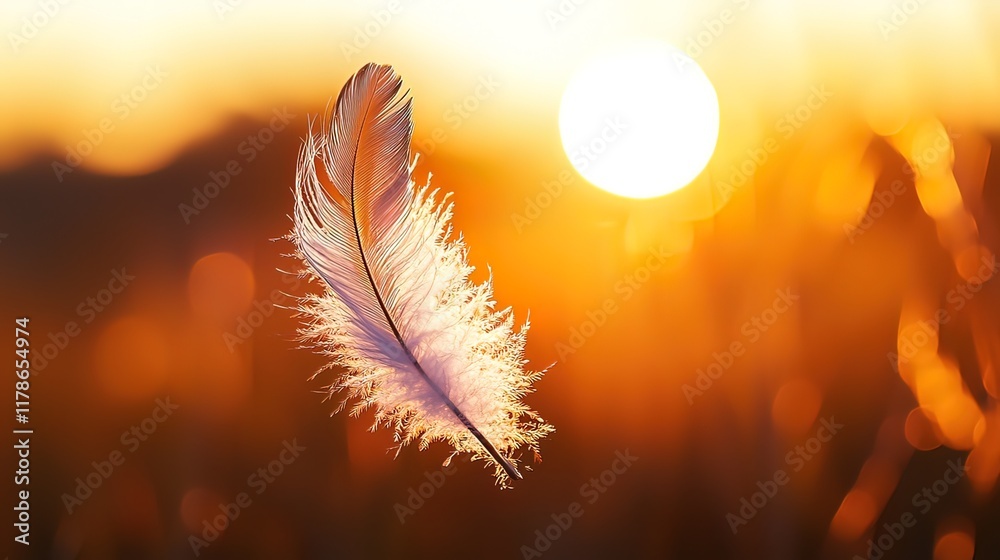 Naklejka premium Single white feather floats gently in warm sunset light, blurred background.