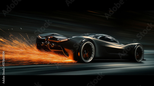 beautiful, A hypercar driving at high speed, leaving behind it orange sparks. The car is matte black with silver details and has wide wheels. photo