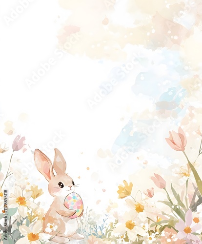 Bunny holding colorful egg flower field watercolor illustration spring environment closeup view whimsical concept
