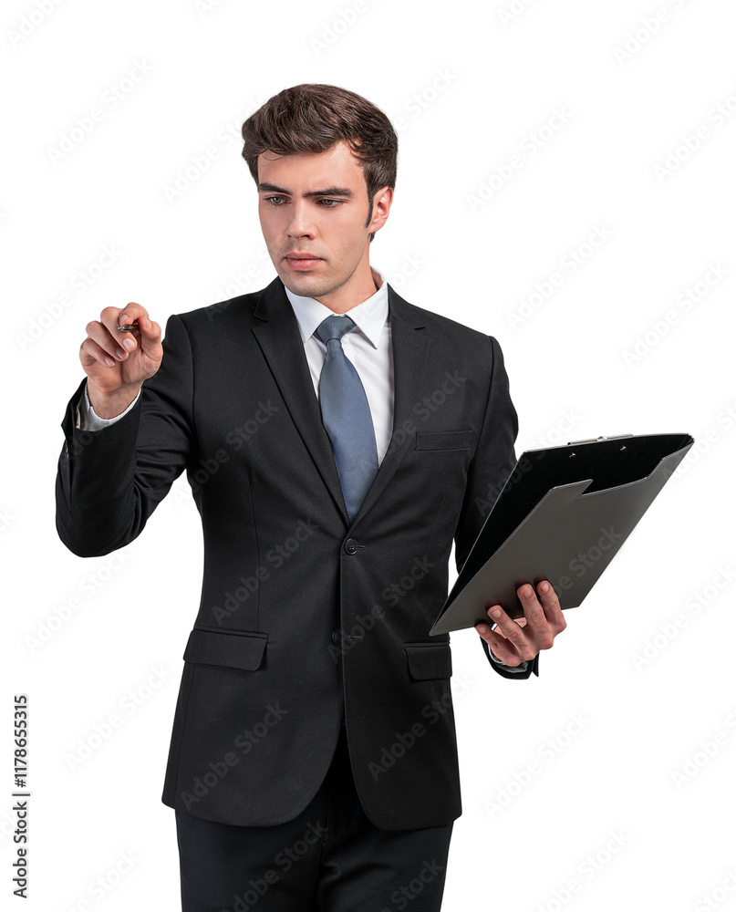 Businessman in a suit holding a clipboard while pointing forward, isolated on a clean white background. Concept of professionalism, leadership Businessman in a suit holding a clipboard while pointing forward, isolated on a clean white background. Concept of professionalism, leadership