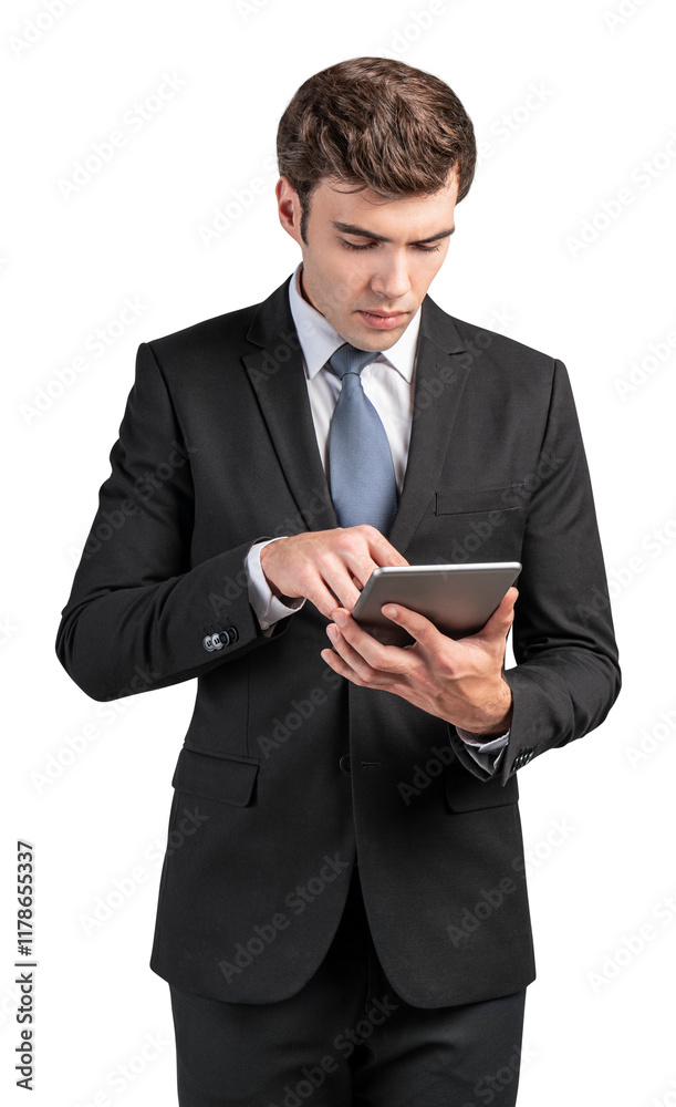 Businessman wearing a formal suit, holding and using a tablet, isolated on a white background. Concept of technology, business, and communication Businessman wearing a formal suit, holding and using a tablet, isolated on a white background. Concept of technology, business, and communication