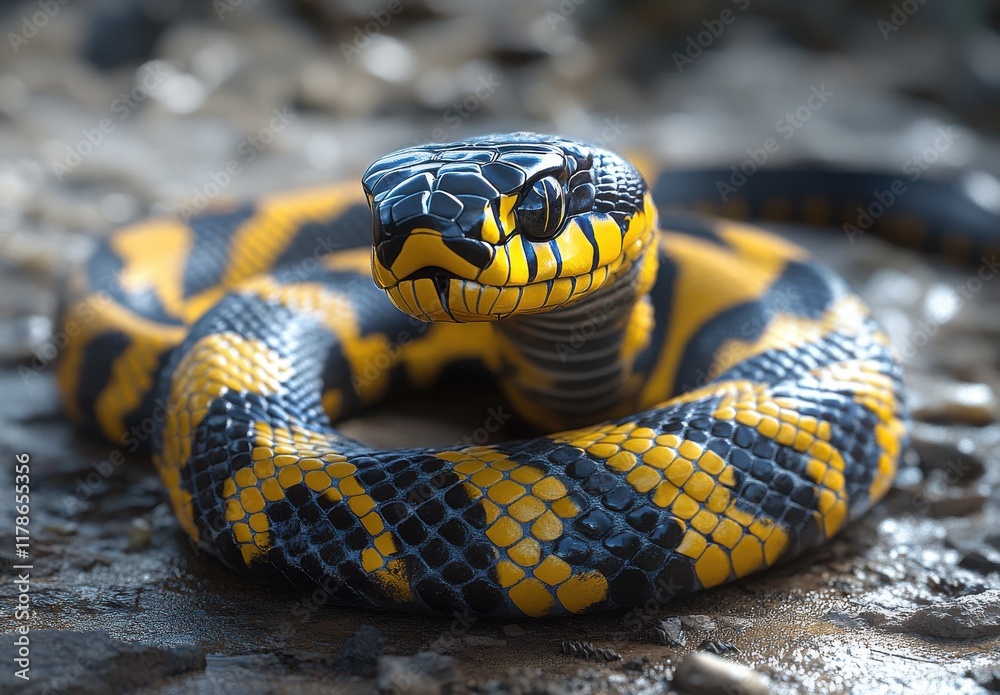 Obraz premium Vibrant Yellow and Black Snake in Natural Habitat, Showcasing Detailed Scales and Unique Patterns, Perfect for Wildlife and Nature Enthusiasts