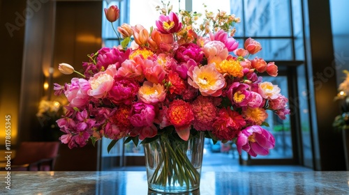 Fototapeta Naklejka Na Ścianę i Meble -  Vibrant pink, orange, and yellow peonies and tulips in a glass vase on a marble surface.