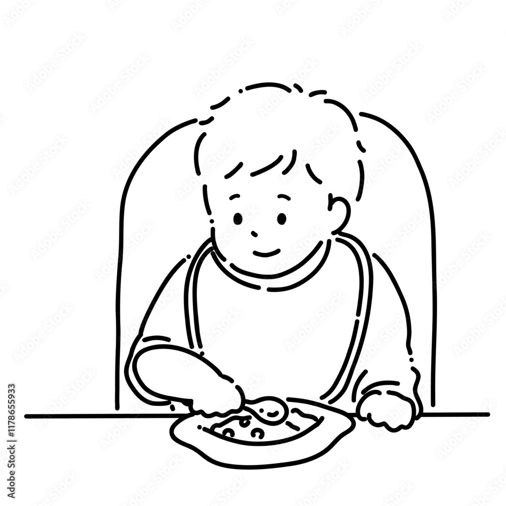 スプーンを持つ笑顔の赤ちゃん＿線画