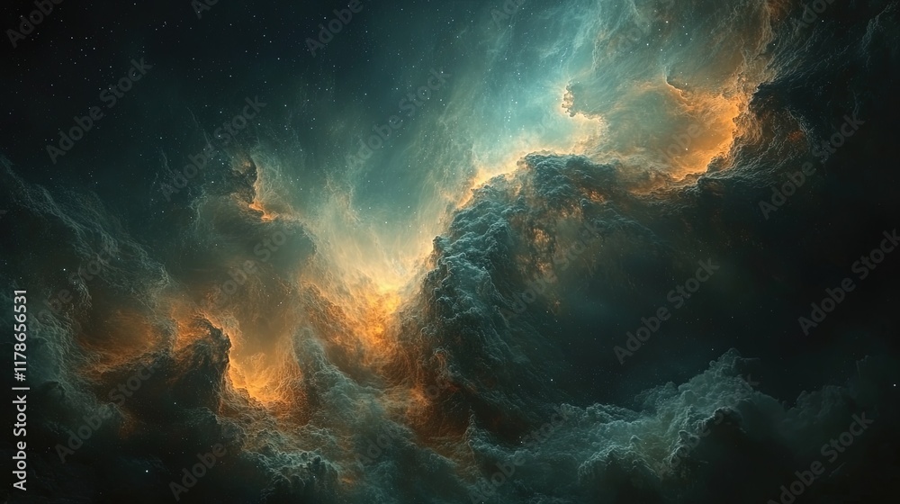 A distant planet with swirling clouds and a vibrant nebula dominating the sky A distant planet with swirling clouds and a vibrant nebula dominating the sky
