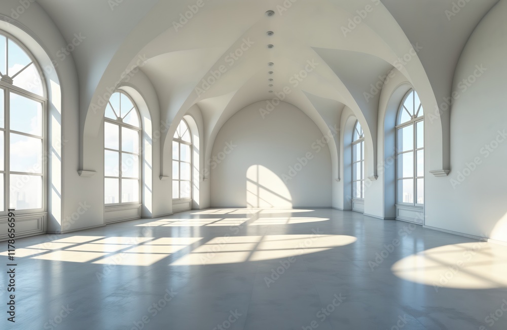 Obraz premium Empty white room with arched windows. Sunlight casts shadows on light gray floor. Spacious interior with large windows offering city views. Modern style interior. Architectural design concept. Modern