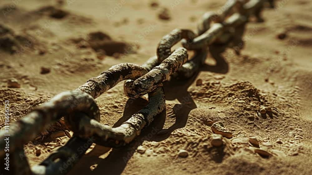 Close up of rusty metal chain on sandy ground, showcasing intricate texture and detail, evoking abandonment and resilience in nature, with intertwined links enhancing depth. Close up of rusty metal chain on sandy ground, showcasing intricate texture and detail, evoking abandonment and resilience in nature, with intertwined links enhancing depth.