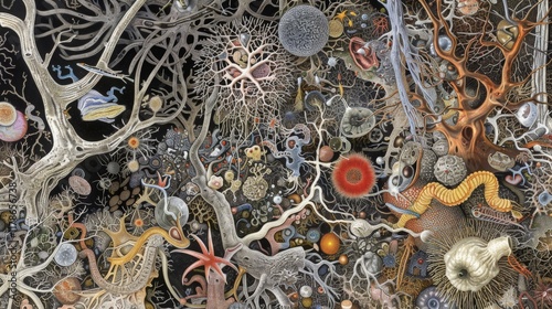 Microscopic Ocean Life  Intricate Seabed Detail  Diverse Marine Organisms photo