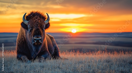 Majestic bison resting in a golden sunset prairie landscape.