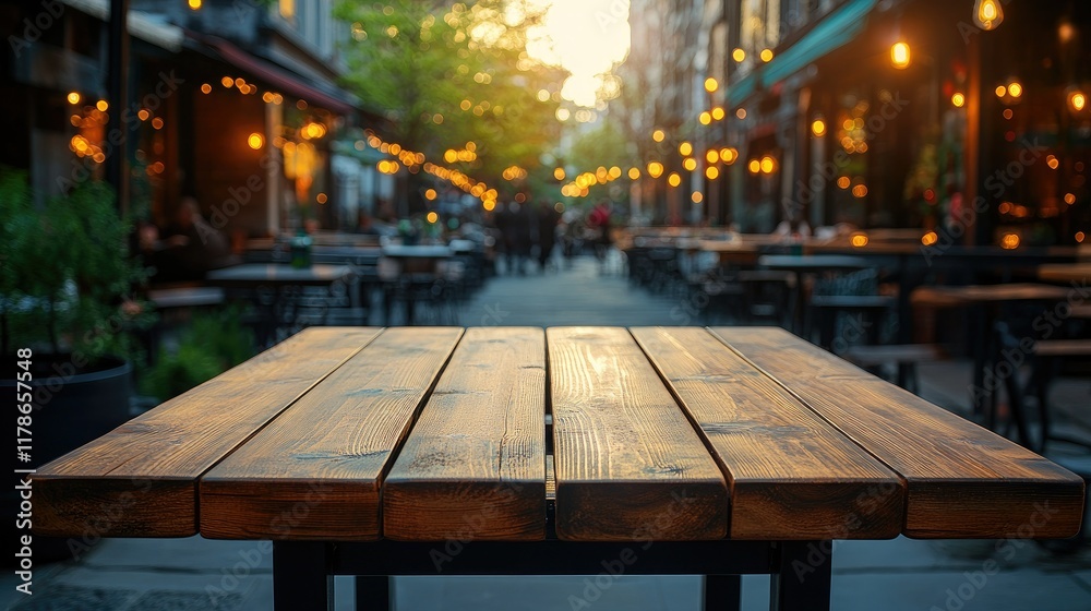 Wooden Table Outdoors at a Cozy Street Cafe Wooden Table Outdoors at a Cozy Street Cafe