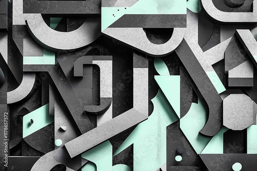 Geometric composition showcasing deconstructed letter forms in risograph style with charcoal gray and mint green colors