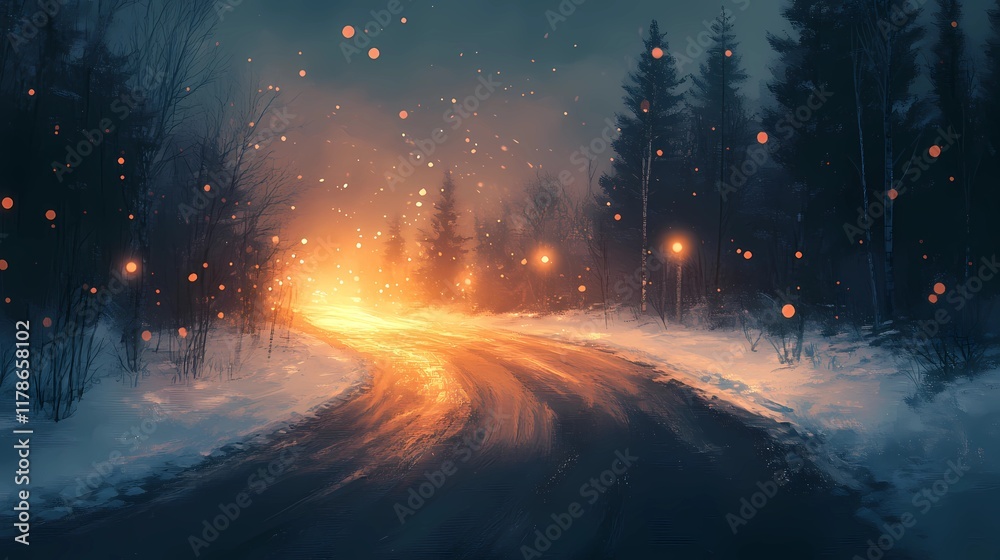Obraz premium Dreamy blurred bokeh lights glowing gently on a snowy forest path creating an enchanting and tranquil winter landscape visual