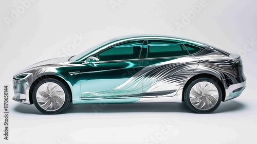 A modern electric car displays artistic wind patterns using risograph technique in metallic silver and eco green photo