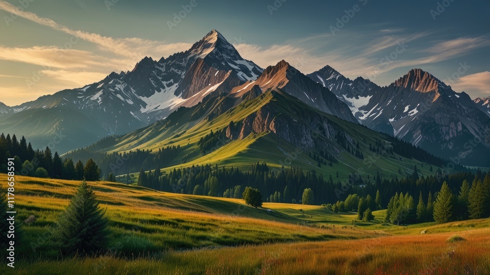 Obraz premium mountain wallpaper,Tranquil meadow and majestic peaks a scenic mountain wallpaper exploring nature canvas colorful