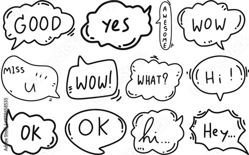 speech bubble set with text, doodle-style comic speech bubbles featuring phrases like "good," "wow," "yes," and "hi," perfect for graphic design, comics, and social media