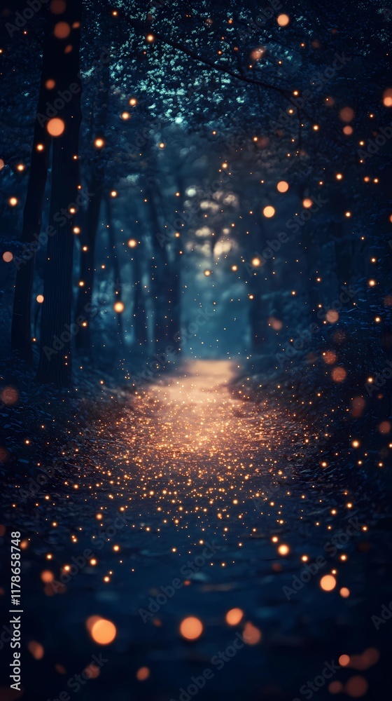 Fototapeta premium Dreamy blurred bokeh lights glowing gently on a snowy forest path creating an enchanting and tranquil winter landscape visual