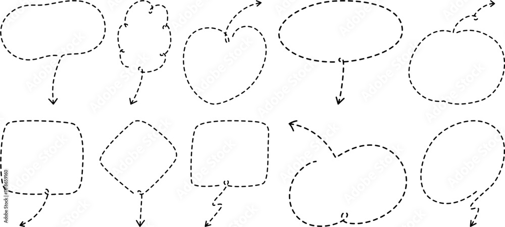 Dashed outline speech bubbles vector set, creative doodle-style collection with various shapes and arrows, perfect for comics, design projects, text highlights, and artistic communication Dashed outline speech bubbles vector set, creative doodle-style collection with various shapes and arrows, perfect for comics, design projects, text highlights, and artistic communication
