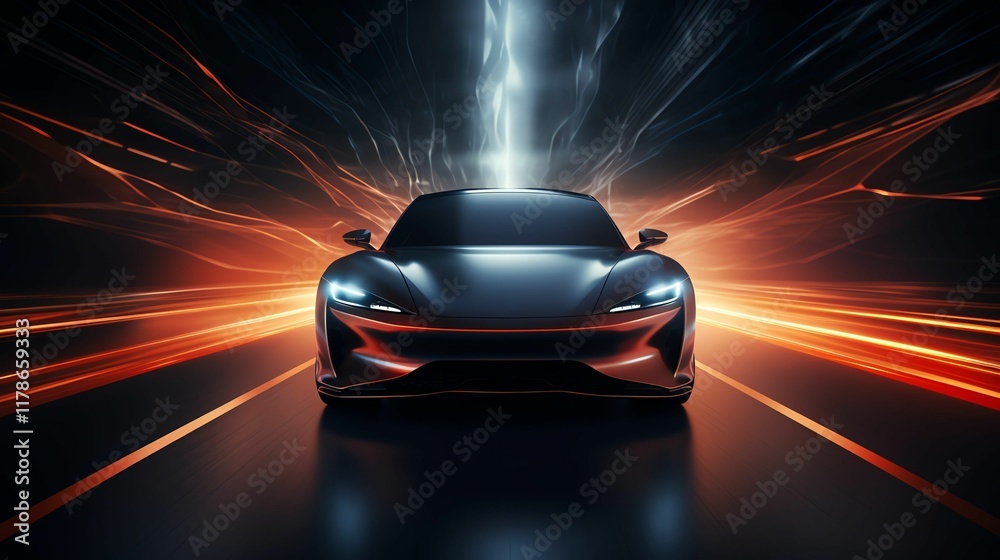 Naklejka premium This dynamic image showcases a sleek, modern vehicle set against a backdrop of vibrant light streaks, conveying speed and innovation. Perfect for automotive and technology themes.
