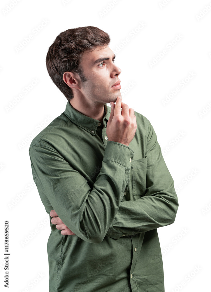 Thoughtful man in green shirt pondering with hand on chin, isolated on white background. Concept of decision-making, reflection, problem-solving Thoughtful man in green shirt pondering with hand on chin, isolated on white background. Concept of decision-making, reflection, problem-solving