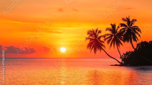 Vibrant sunset over tropical beach with palm trees silhouetted against fiery sky.