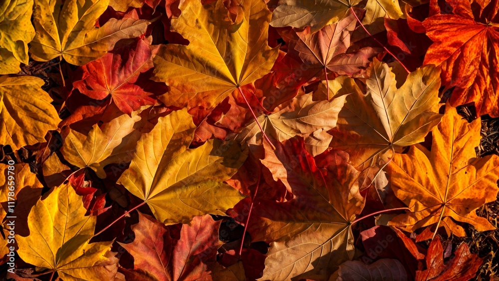 Fototapeta premium Autumn leaves in shades of yellow, orange, and red overlapping each other.