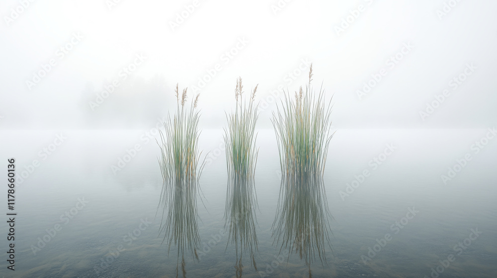 Fototapeta premium beautiful, A photograph of reeds in the middle of a lake, with a foggy atmosphere and muted colors, embodying a minimalist aesthetic.