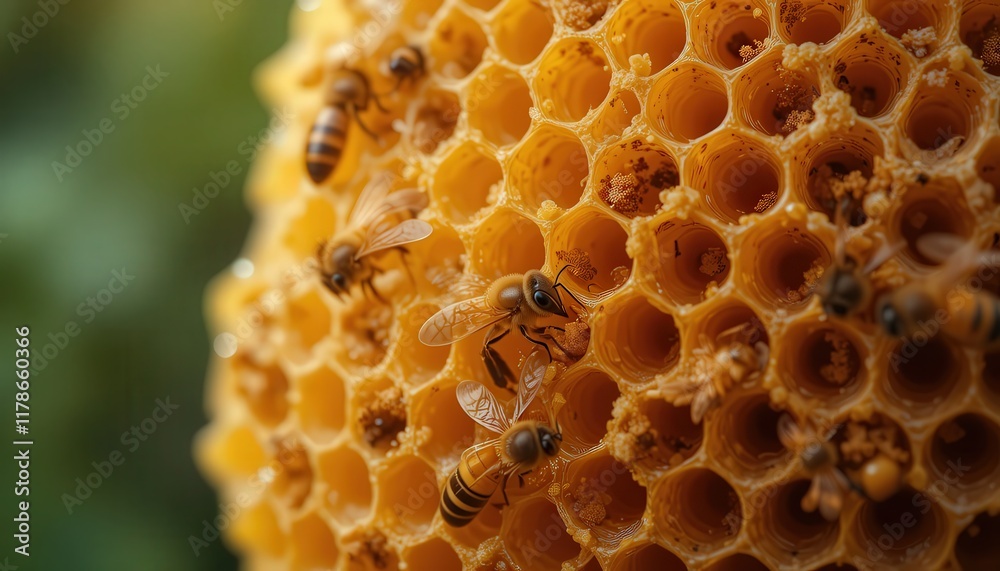 Close-up of busy honeybees working within a honeycomb cell. Close-up of busy honeybees working within a honeycomb cell.