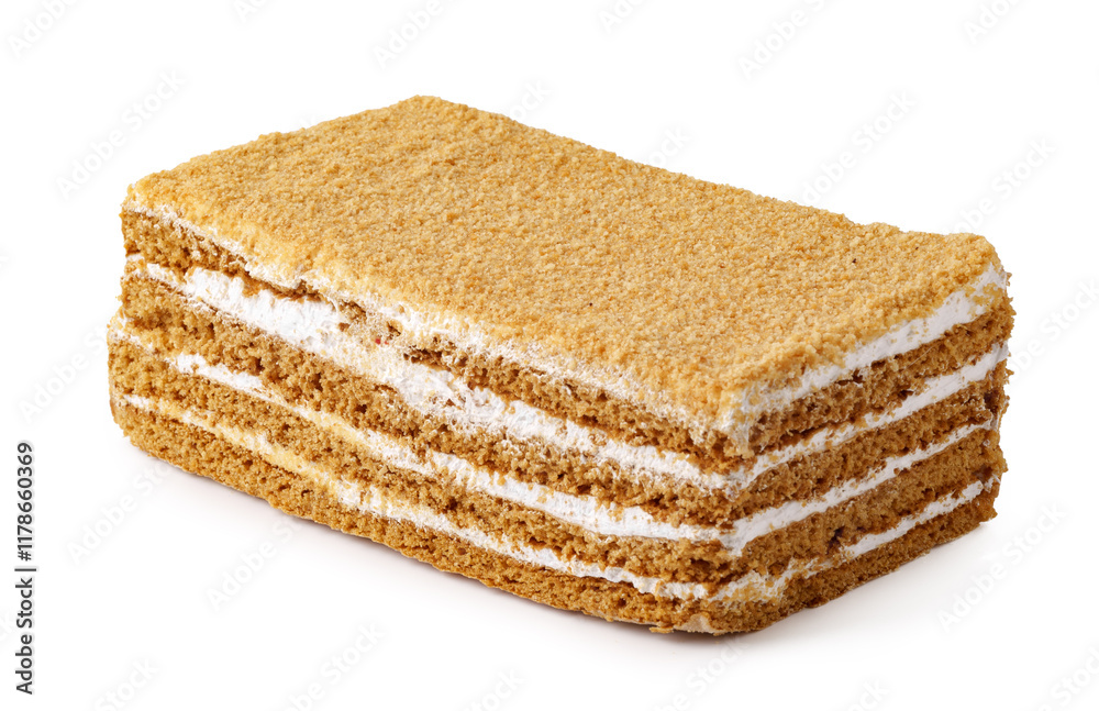 Delicious layered cake with cream filling presented on a white background for dessert enthusiasts Delicious layered cake with cream filling presented on a white background for dessert enthusiasts