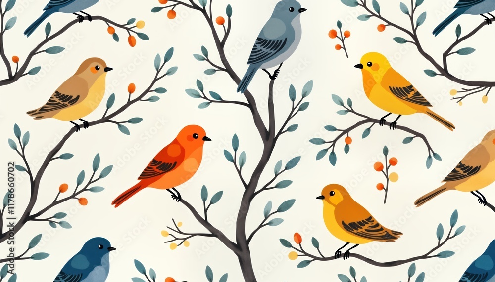 Cute birds sitting on branches with leaves, berries. Colorful illustration. Pattern suitable for wallpaper, fabric, decorative print. Spring nature theme. Design simple, visually appealing. Perfect Cute birds sitting on branches with leaves, berries. Colorful illustration. Pattern suitable for wallpaper, fabric, decorative print. Spring nature theme. Design simple, visually appealing. Perfect